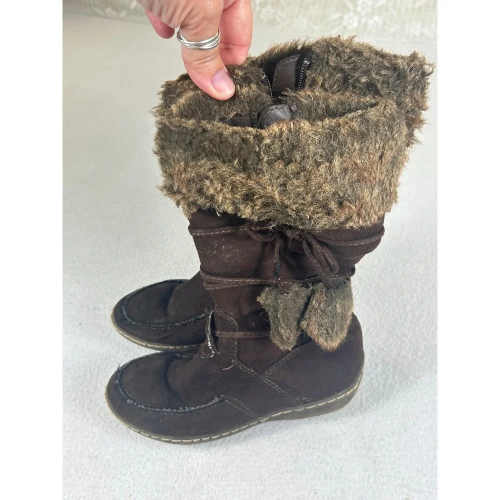 Unbranded Winter Boots Kids 12.5 Brown Faux Fur Pom Pom Cozy Cabin Snow Boots